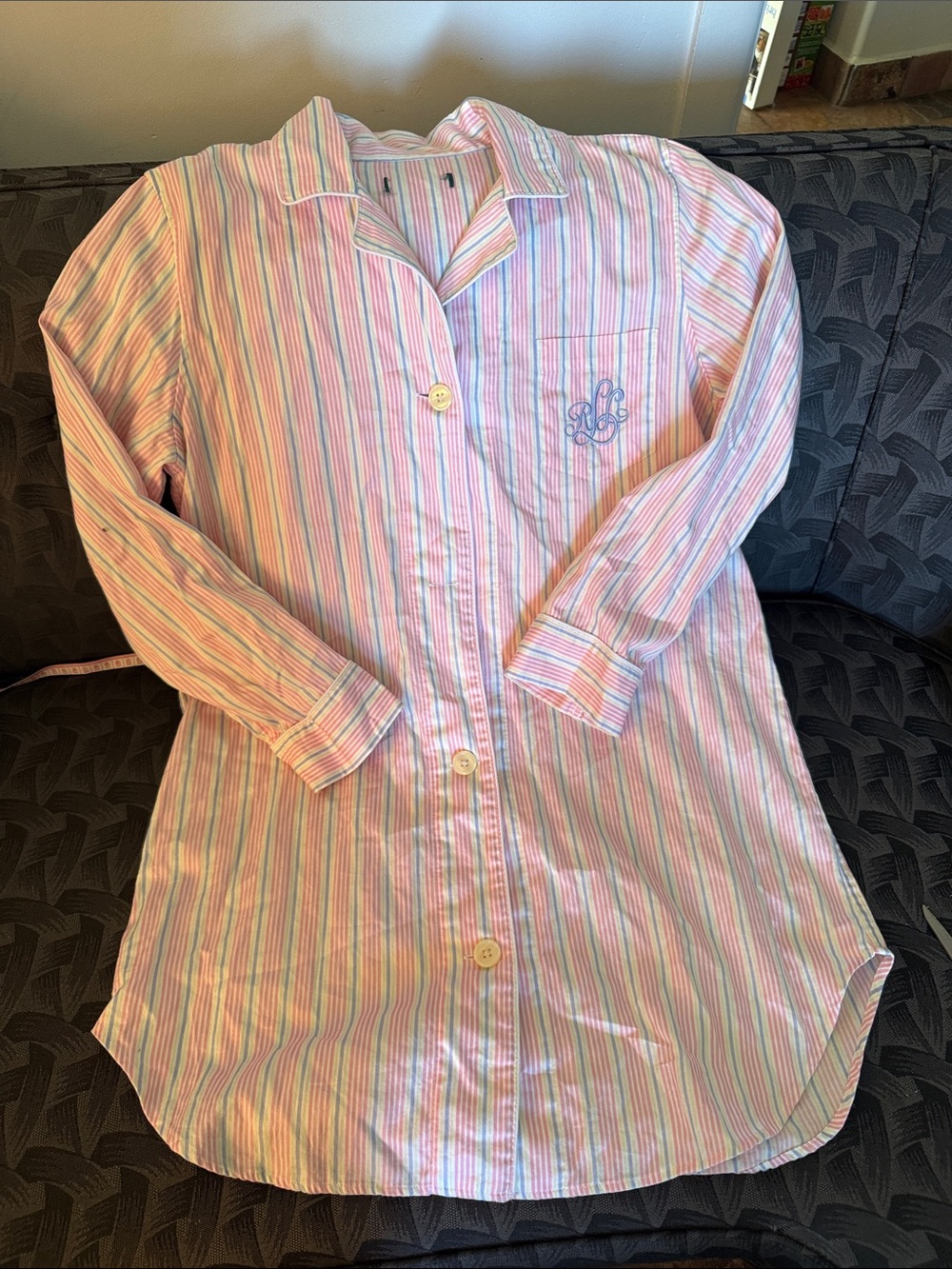 Ralph Lauren Striped Button-Up Nightshirt with Monogram